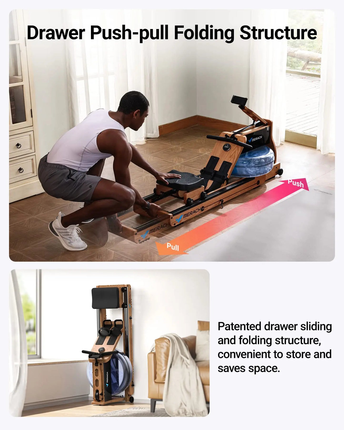 MERACH Foldable Wooden Water Electromagnetic Rower Machine