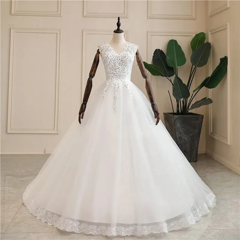 Elegant V-Neck Lace & Crystal Embroidered Ball Gown Wedding Dress