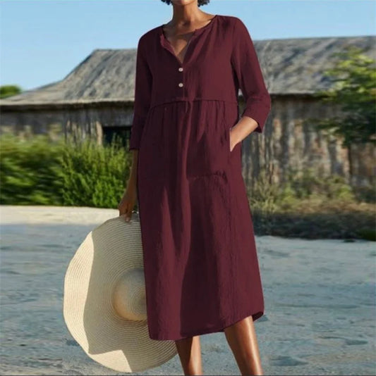 Women's Cotton Linen Half-Sleeve Midi Dress with Pockets