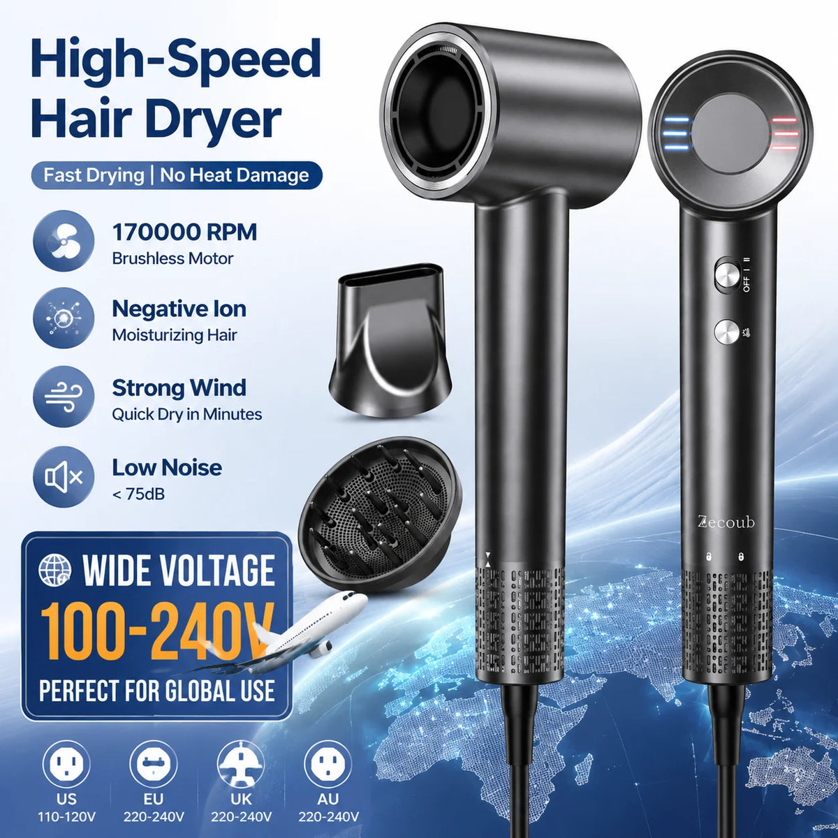 LYSMOSKI Dual Voltage High-Speed Ionic Travel Hair Dryer