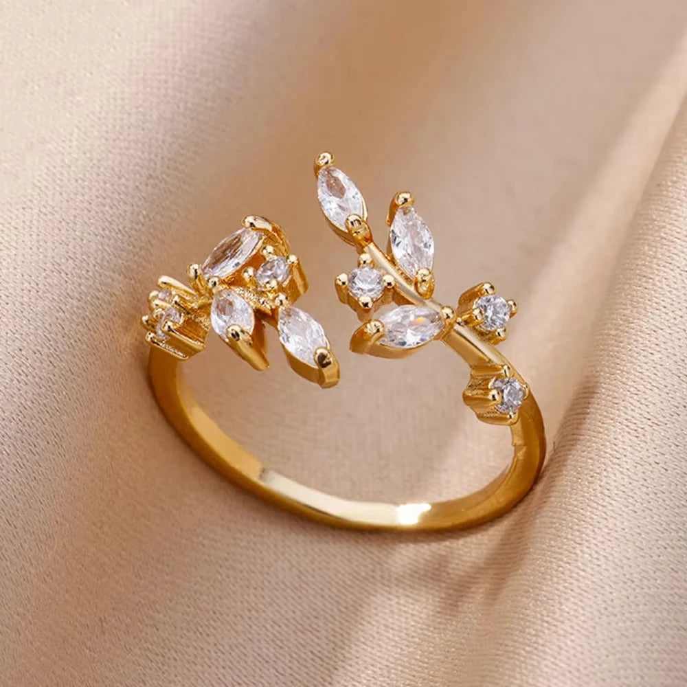 18K Gold Plated Zircon Geometric Open Ring – Trendy Waterproof Stainless Steel Jewelry