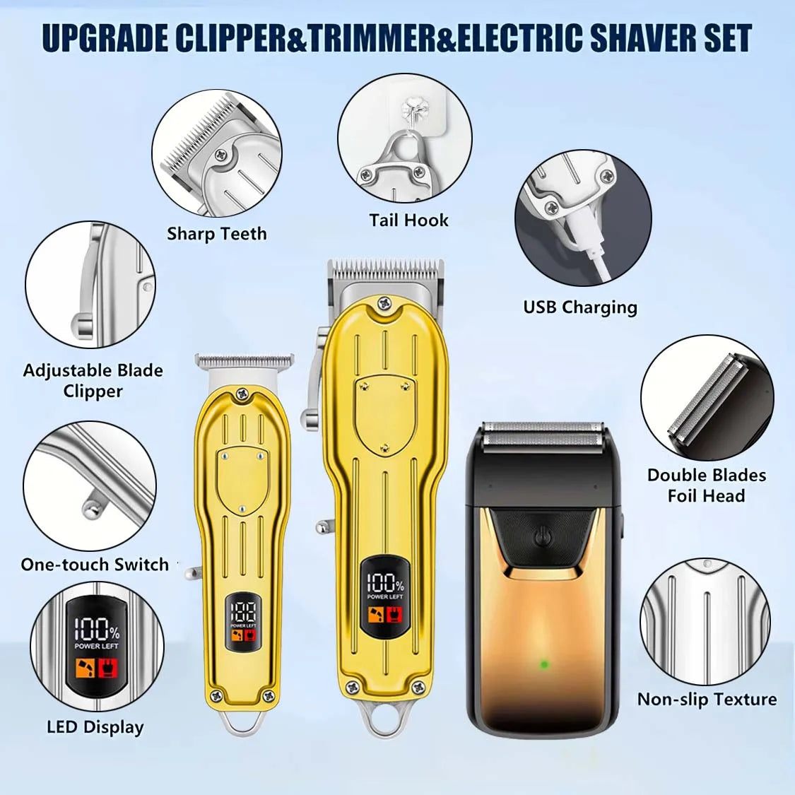 Professional Cordless Hair Clipper & Trimmer Set – USB Rechargeable Grooming Kit with LCD Display