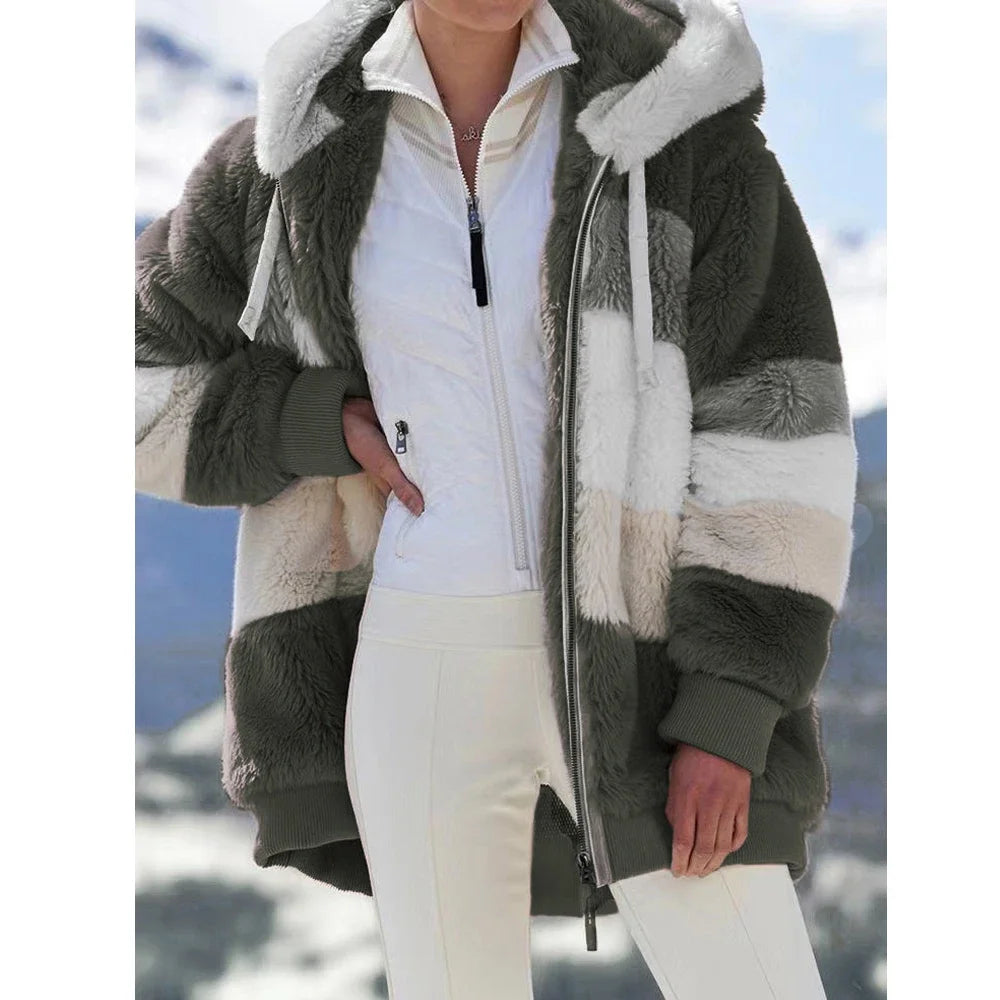 Women's Oversized Plush Hooded Zip-Up Cashmere Streetwear Coat