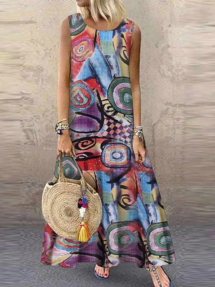 ZANZEA Women's Floral Print Sleeveless Bohemian Kaftan Dress