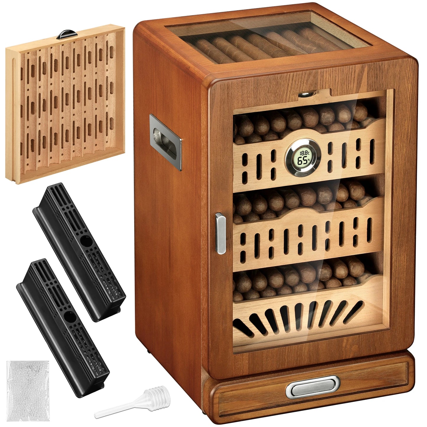 Glass-Top Tabletop Cigar Humidor Cabinet with Spanish Cedar Trays & Digital Hygrometer