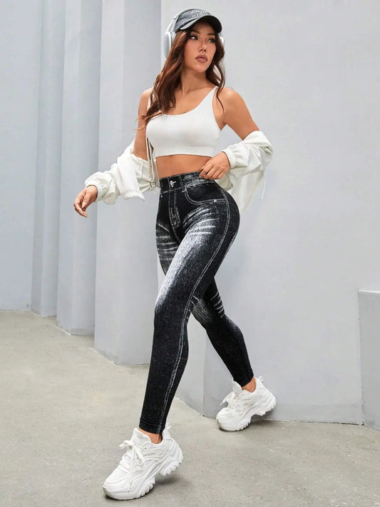 Women's V-Back High-Waisted Faux Denim Jeggings – Tummy Control & Booty Lifting