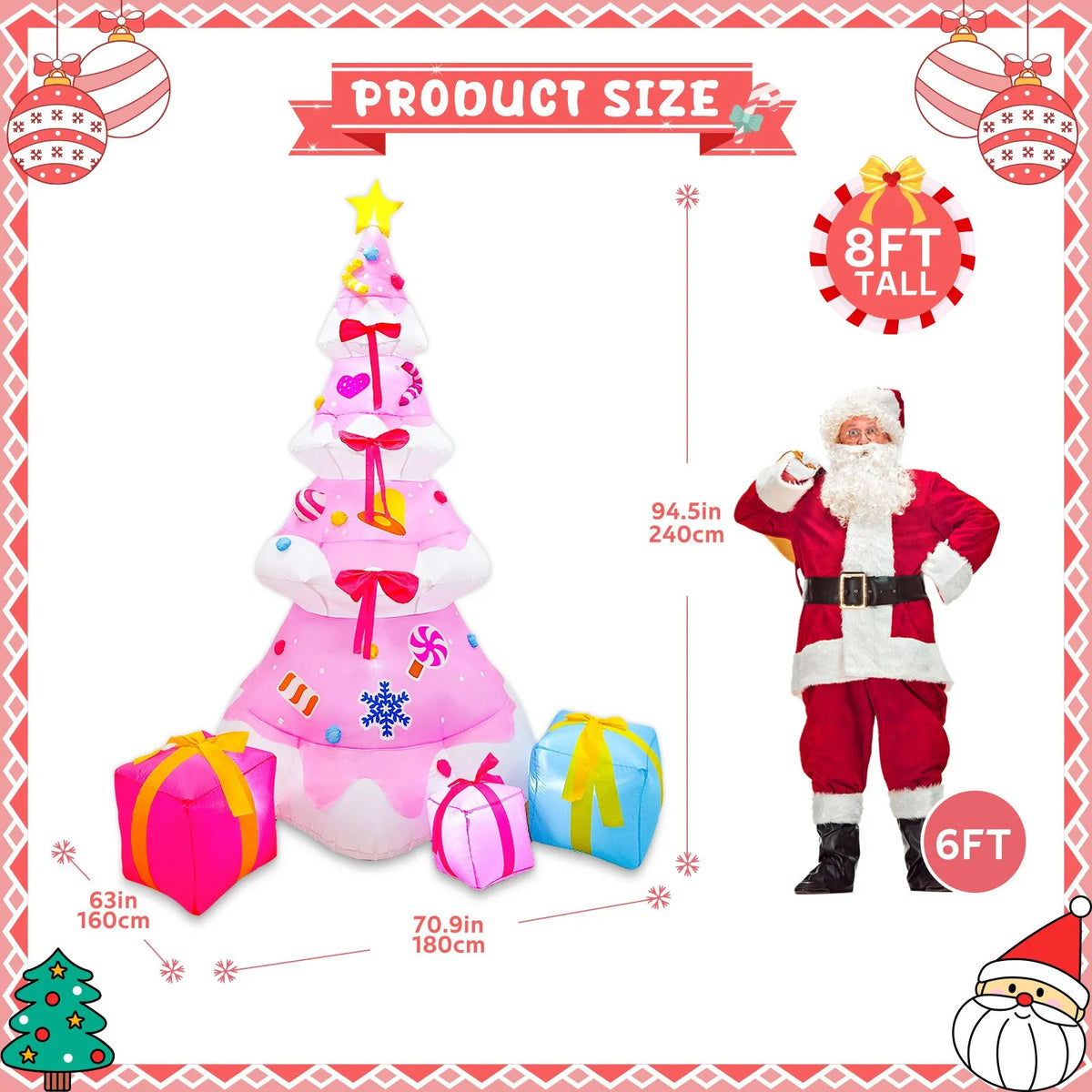8ft Pink Inflatable Christmas Tree with LED Lights - Outdoor Yard Decor