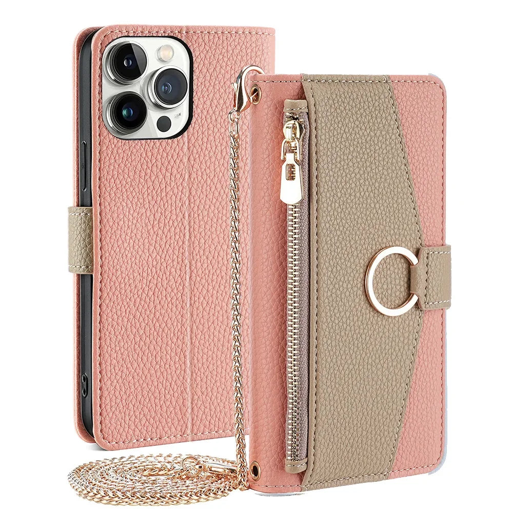 Crossbody Leather Zipper Wallet Case for iPhone Flip Mirror Cover Long Lanyard
