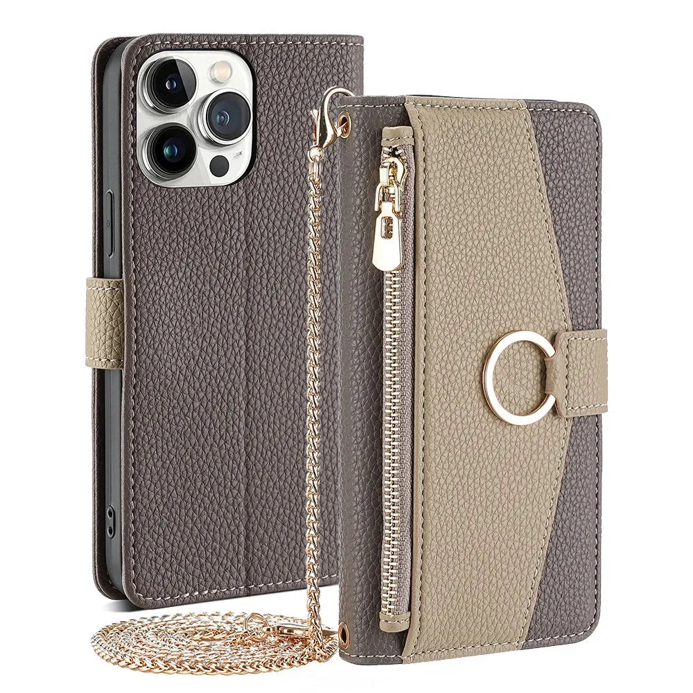 Crossbody Leather Zipper Wallet Case for iPhone Flip Mirror Cover Long Lanyard