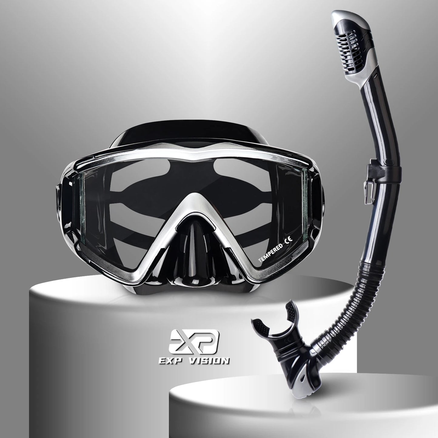 Adult Panoramic 3-Window Tempered Glass Diving & Snorkel Mask Set