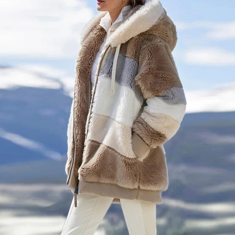 Women's Oversized Plush Hooded Zip-Up Cashmere Streetwear Coat