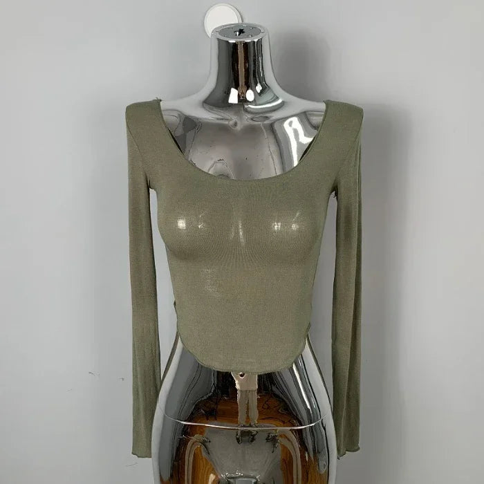 Long Sleeve Slim Fit Scoop Neck Crop Top