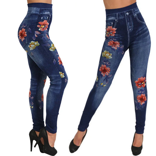 Women's High-Waisted Printed Faux Denim Jeggings – Tummy Control & All-Day Stretch