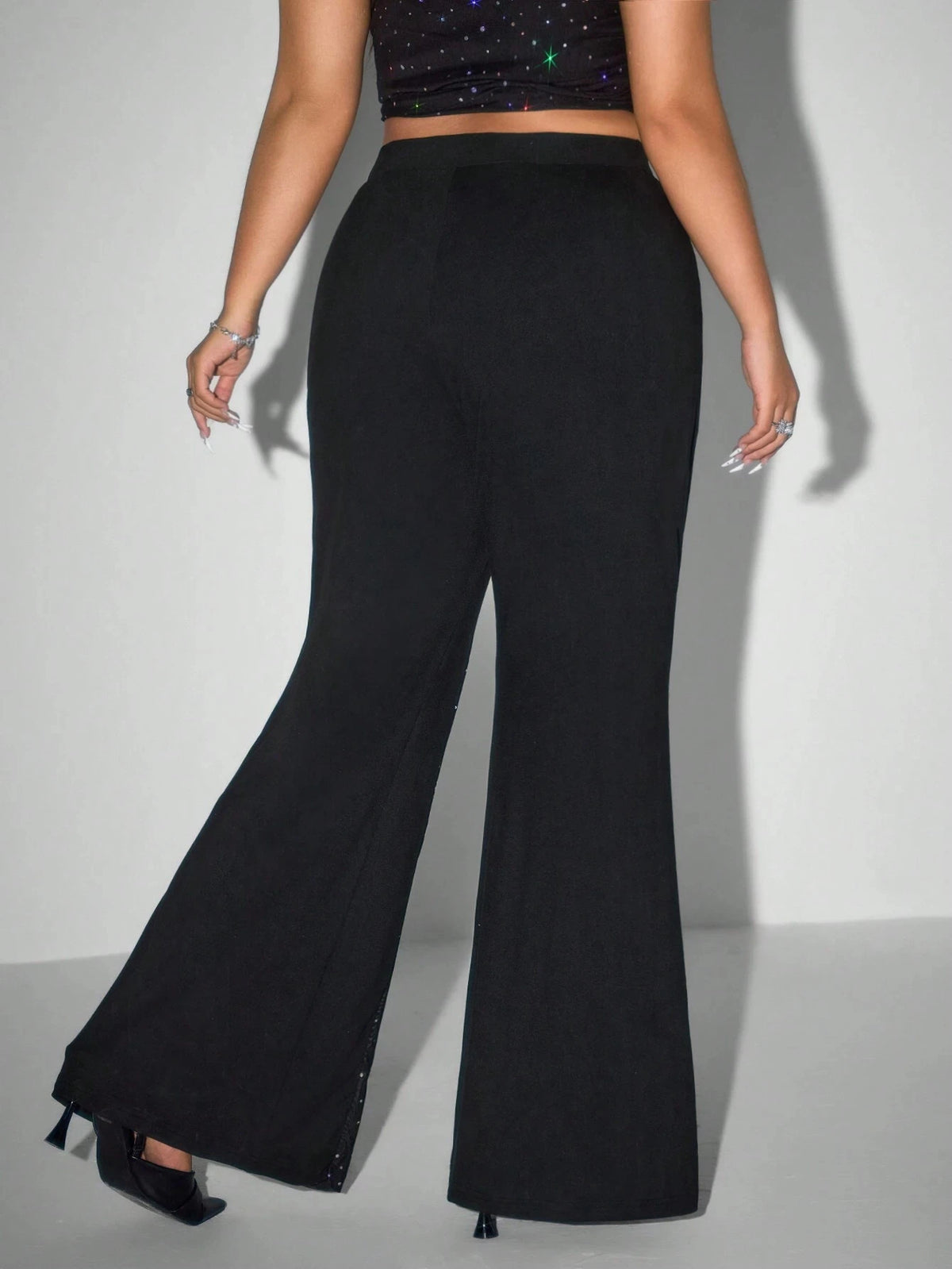 Plus Size Rhinestone Mesh See-Through Flare Pants