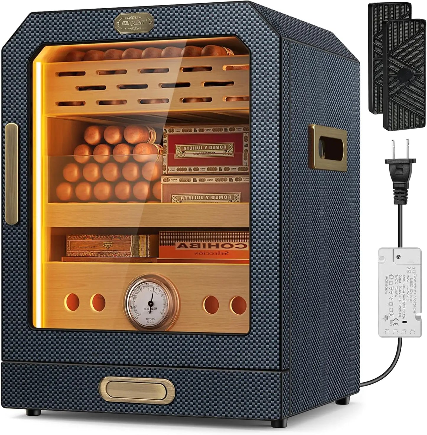 Lighted Control Magnetic Door with Cigar Accessory Drawer and 2 Humidifiers