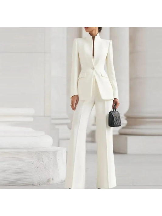 Women's 2-Piece V-Neck Single-Button Blazer & Wide-Leg Pants Suit Set