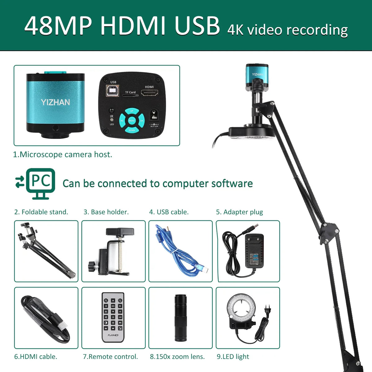 YIZHAN 48MP 4K Electronics Soldering Microscope with 1-150X Lens & HDMI/USB Camera