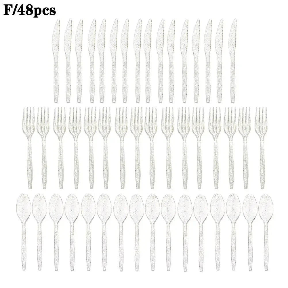 48-Piece Pastel Plastic Cutlery Set - Reusable Spoons, Forks & Knives