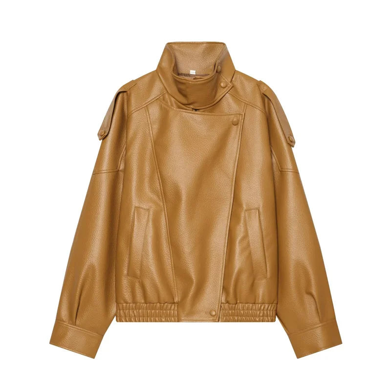 Women's Black Faux Leather Motorcycle Jacket – Long Sleeve Casual Coat