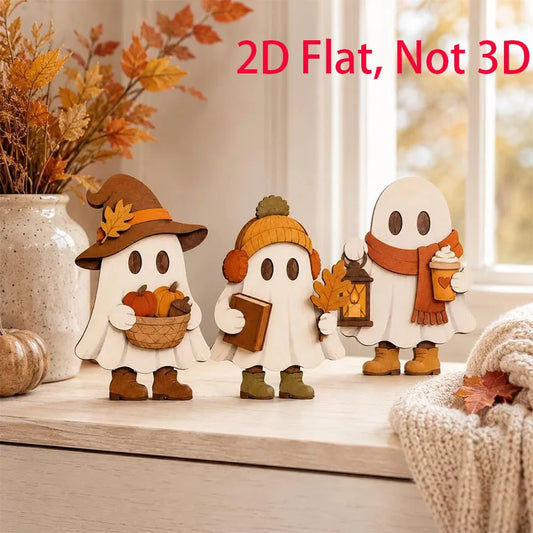 3Pcs Wooden Autumn Ghost Decorative Ornaments - Vintage Thanksgiving & Halloween Table Decor