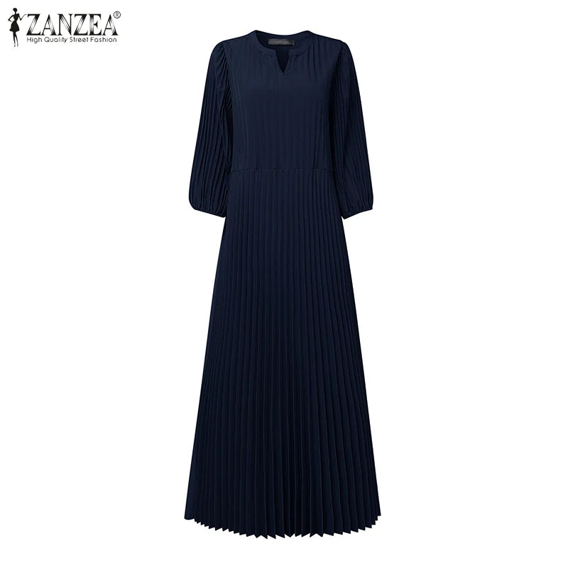 ZANZEA Women's V-Neck Pleated Maxi Dress - Casual Loose Fit 3/4 Lantern Sleeve Long Sundress with Belt
