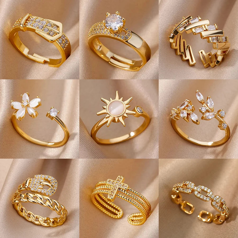 18K Gold Plated Zircon Geometric Open Ring – Trendy Waterproof Stainless Steel Jewelry