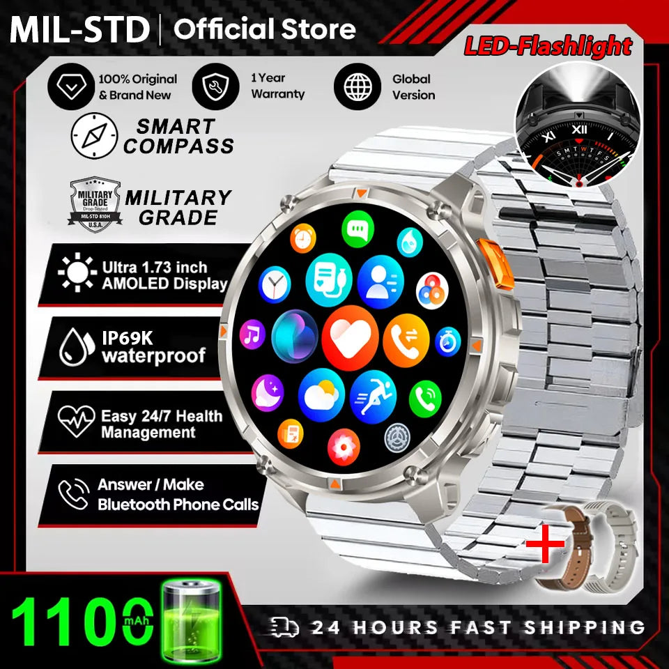 Rugged Outdoor AMOLED GPS Smartwatch with Flashlight