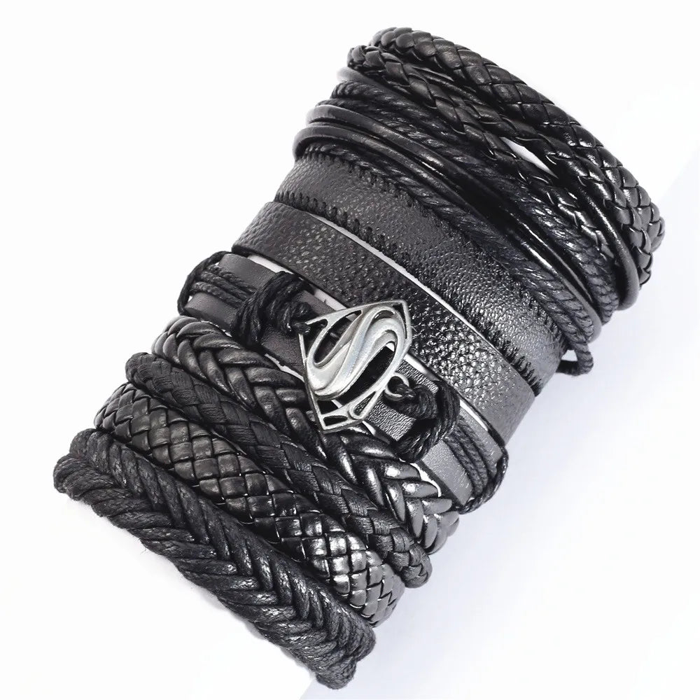 10 Pcs/set Black Wrap Woven Handmade Leather Bracelets
