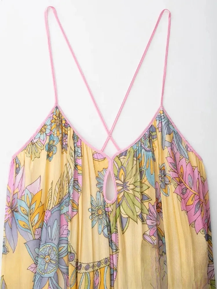 Women's Floral Print Chiffon Backless Cami Maxi Beach Dress
