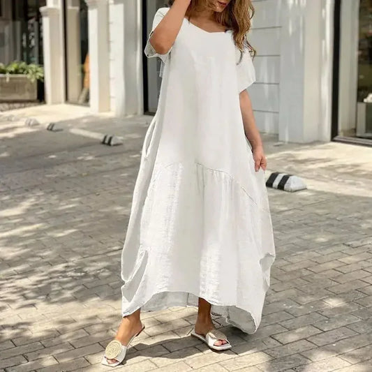 Women's Round Neck Cotton Linen Casual Pocket Summer Midi Dress