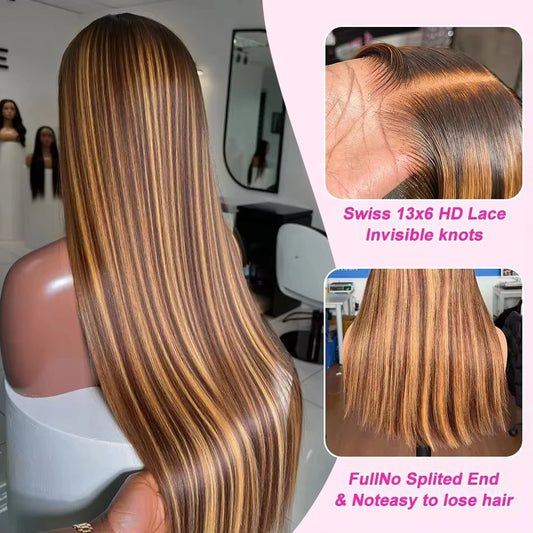 32" Straight Highlight Lace Front Human Hair Wig