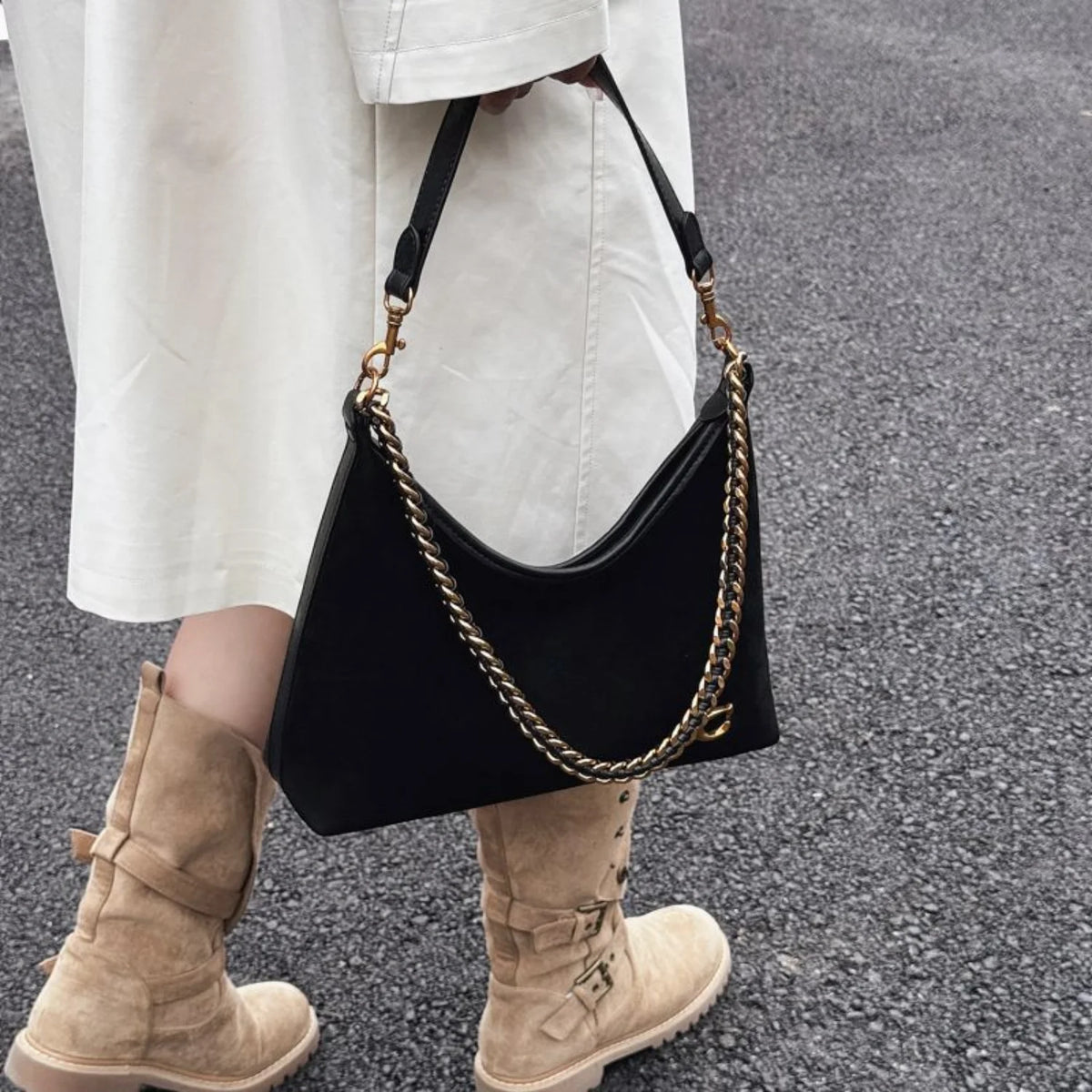 Women's Light Luxury High-End Black Suede Shoulder Crossbody Tote Bag