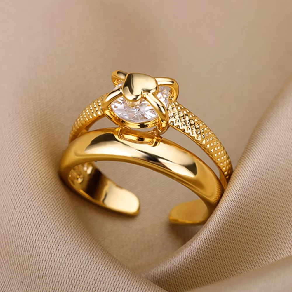 18K Gold Plated Zircon Geometric Open Ring – Trendy Waterproof Stainless Steel Jewelry