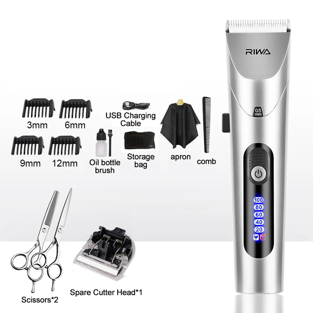 RIWA Professional Cordless Hair Clipper – USB Rechargeable LCD Grooming Kit