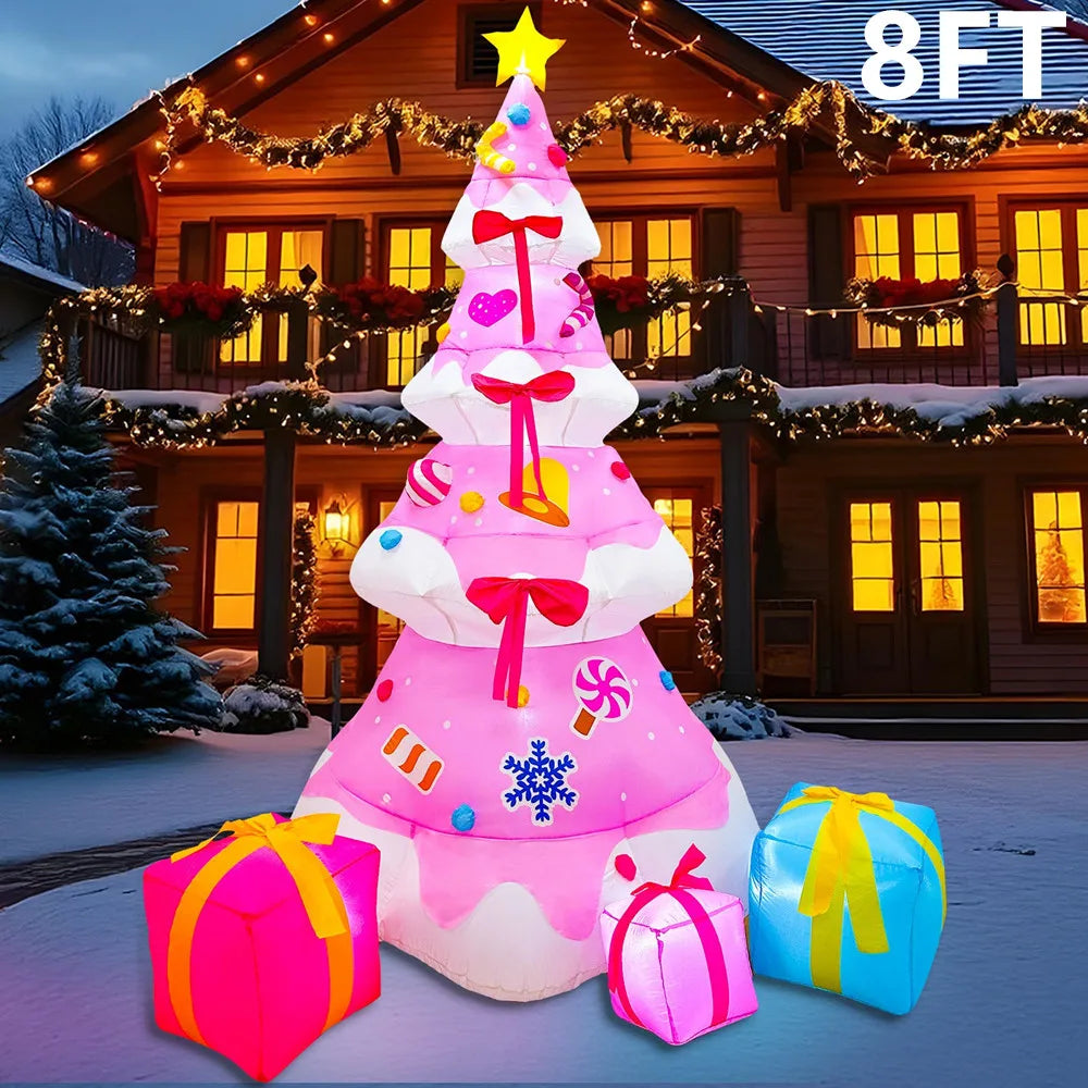 8ft Pink Inflatable Christmas Tree with LED Lights - Outdoor Yard Decor