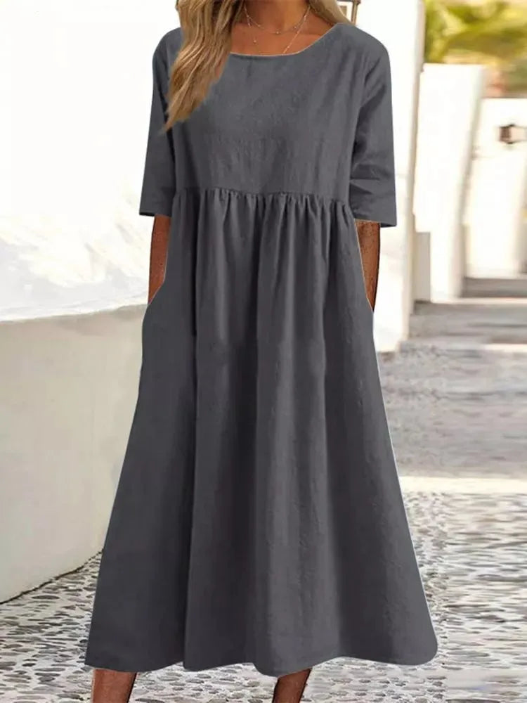 Women's Casual Linen Blend Loose Fit Midi Dress with Pockets