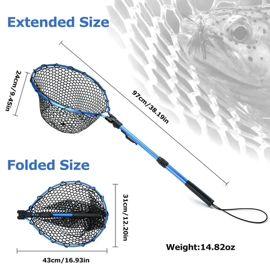 Goture Portable Fly Fishing Net with Retractable Handle and Rubber Mesh