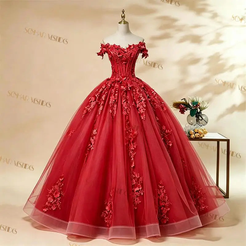 Off-The-Shoulder Floral Applique Quinceañera Ball Gown