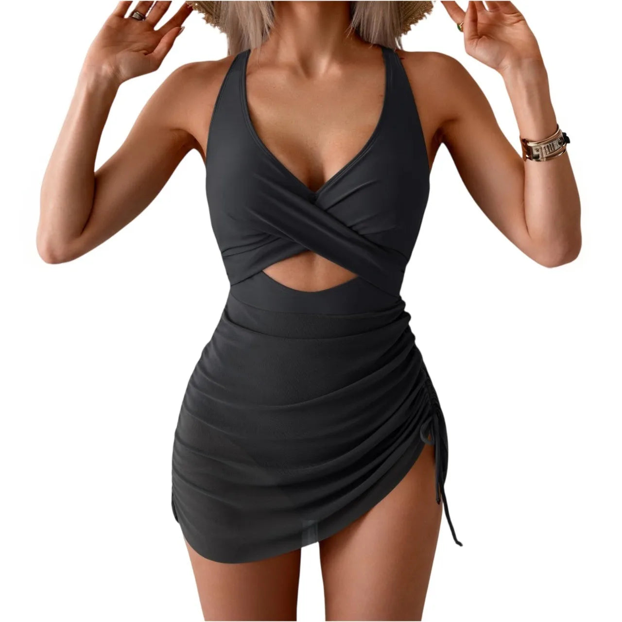 Color Blocking Cross Strap One-Piece Swimsuit