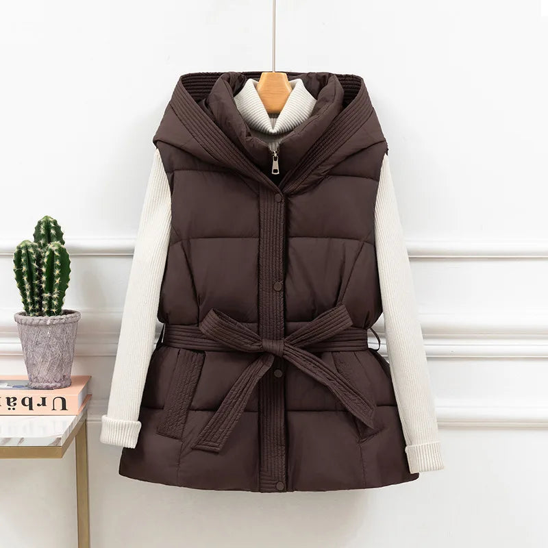 Women's Quilted Puffer Vest - Belted Warm Winter Hooded Sleeveless Coat
