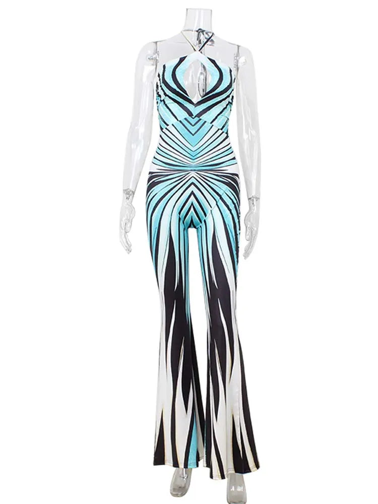 Fashion Printed Striped Skinny Flare Pants Jumpsuits