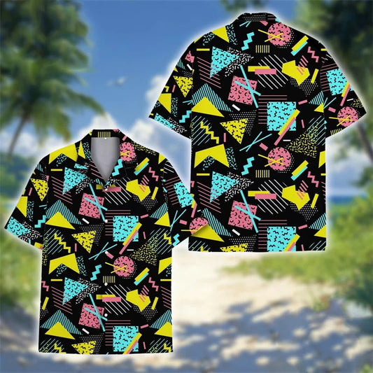 Men's Retro 80s/90s Geometric Print Short Sleeve Button-Down Shirt
