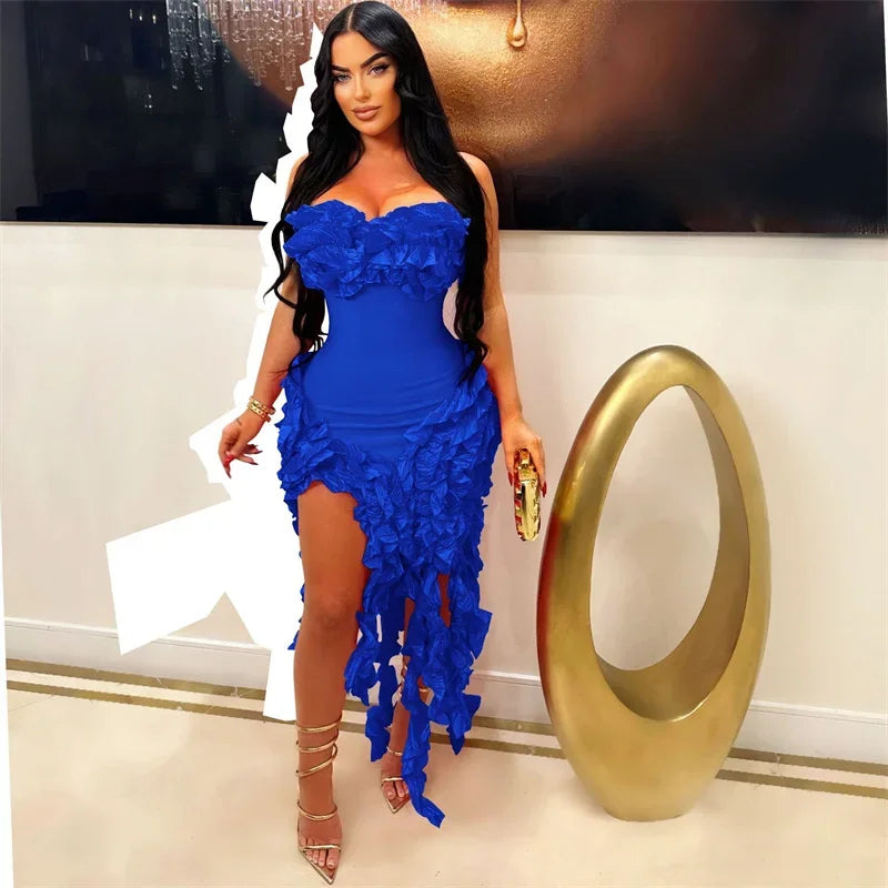 Women's Strapless Ruffle Tassel Irregular Maxi Evening Dress