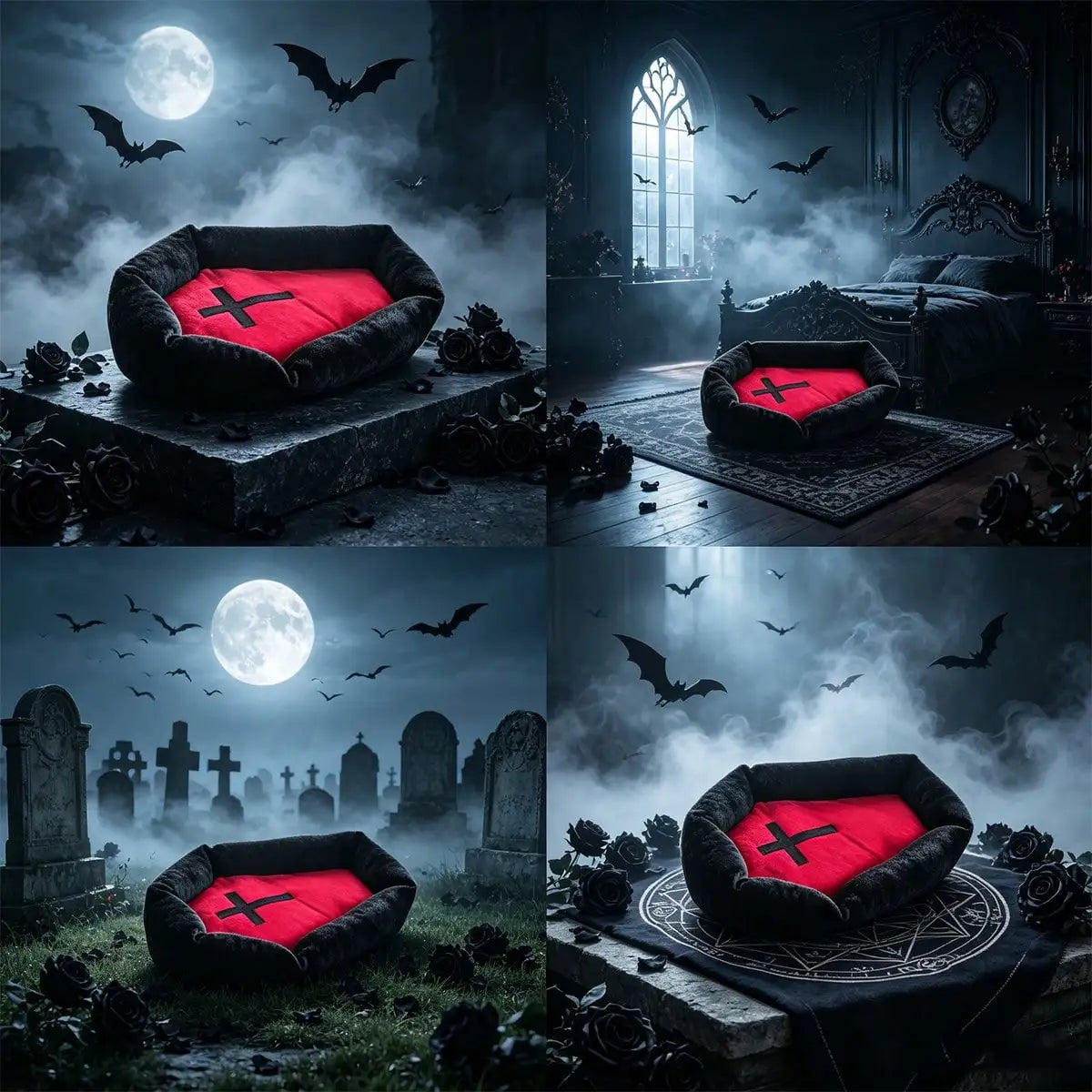 Gothic Coffin Pet Bed Mat with Red Cross Accent