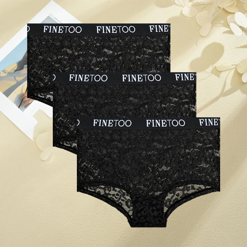 FINETOO Women's Lace Boyshort Panties Set - High-Waist Transparent Mesh Briefs