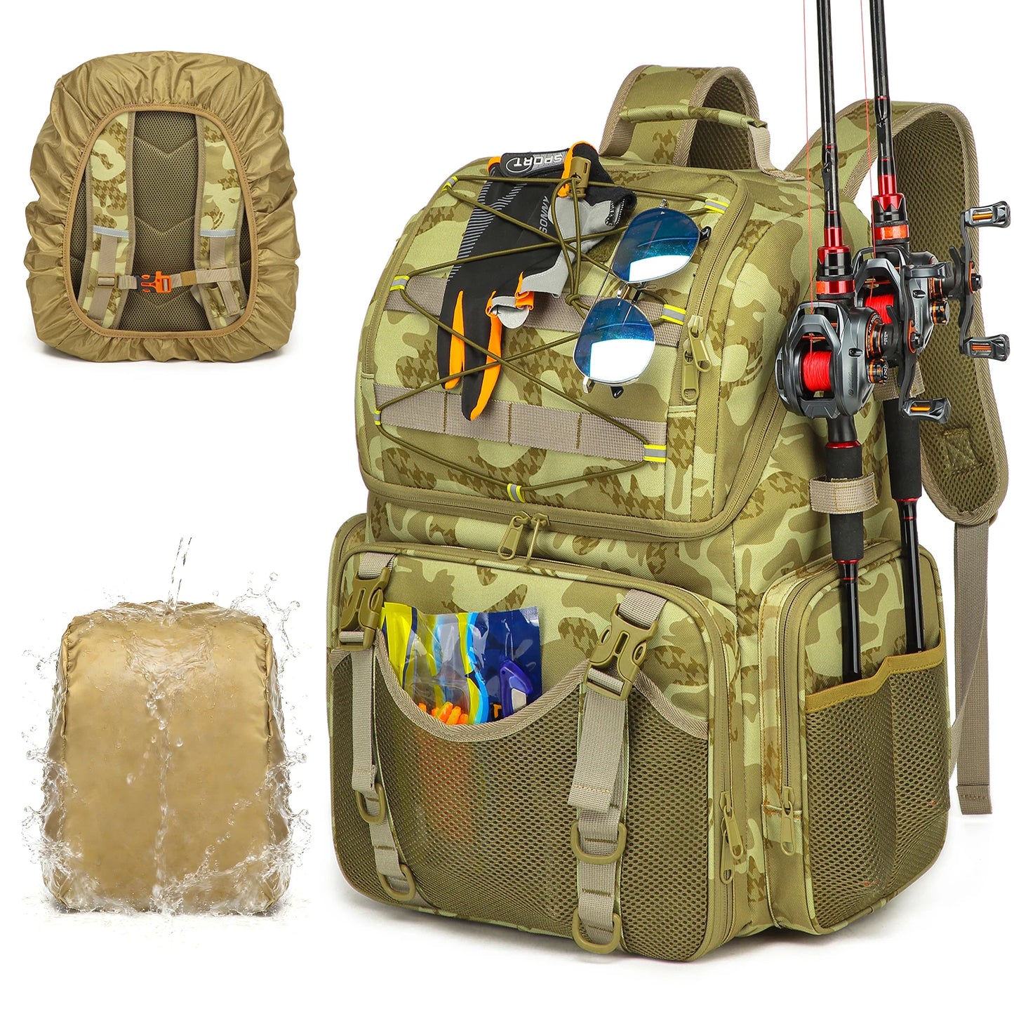 45L Fishing Tackle Storage Bag with Rod Holders & Rain Cover
