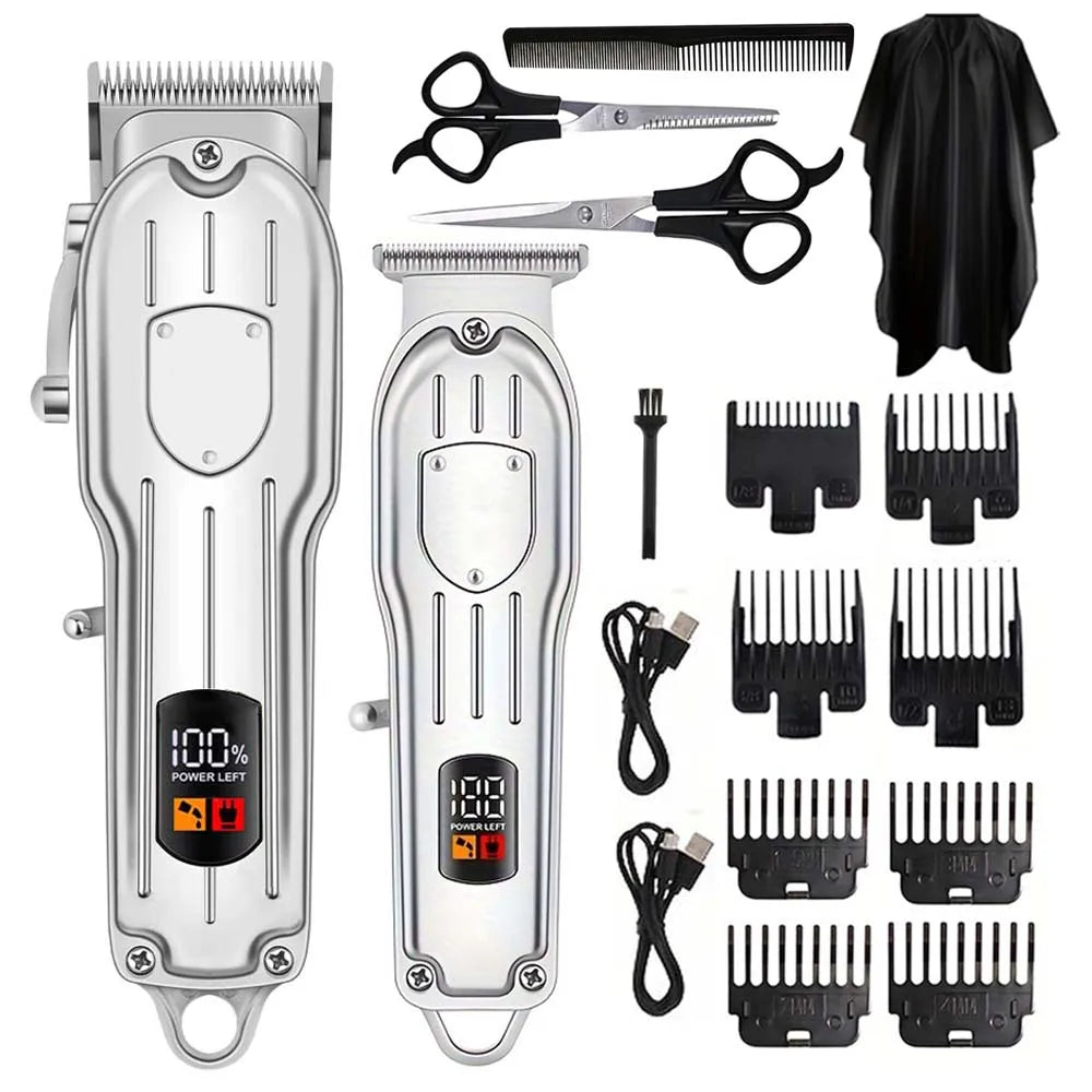 Professional Cordless Hair Clipper & Trimmer Set – USB Rechargeable Grooming Kit with LCD Display