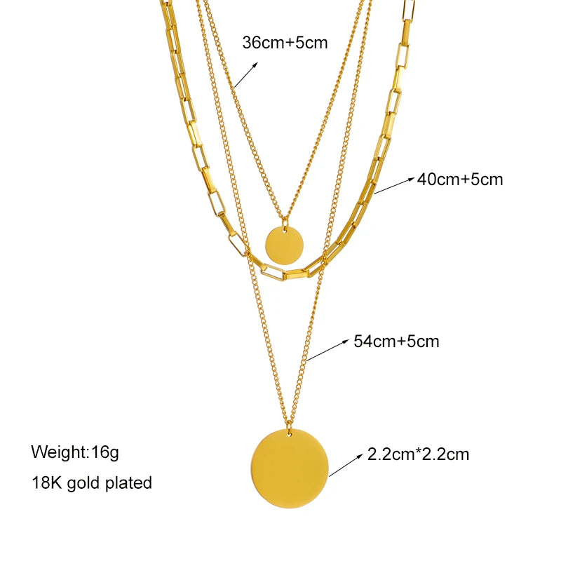 316L Stainless Steel Gold Color 3in1 Round Pendant Necklace