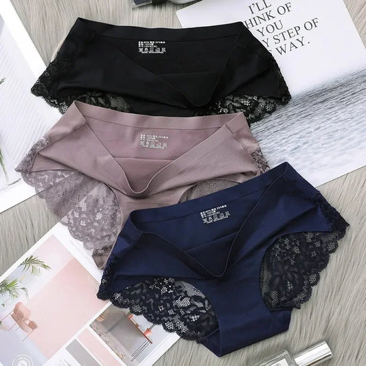 Women's Seamless Ice Silk Lace Trim Briefs