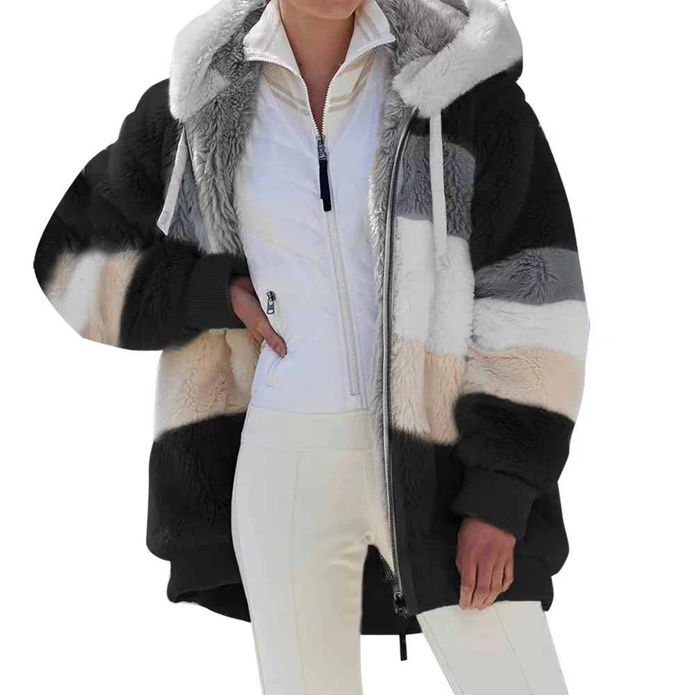 Women's Oversized Plush Hooded Zip-Up Cashmere Streetwear Coat